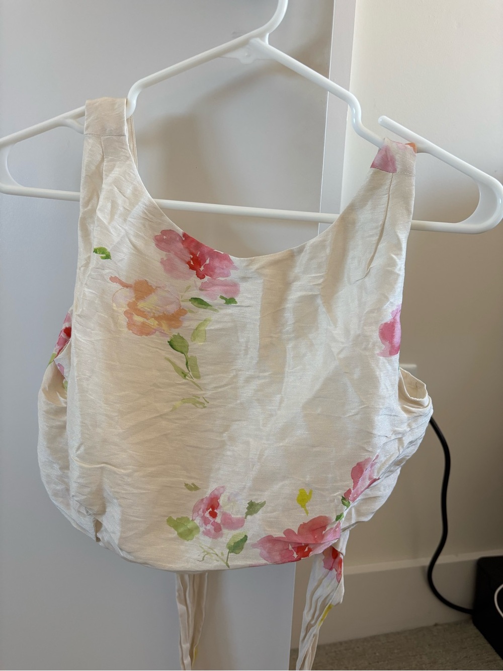 Sezane Floral Tie-Back Crop Top - Cream with Pink Flower Print